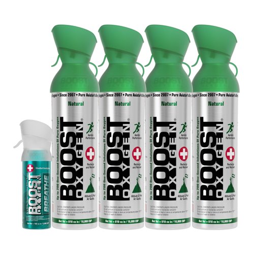 Boost Oxygen Canned 4 Portable 10 Liter Natural Oxygen Canister Bottle with 1 Menthol Eucalyptus Pocket Sized Pure Canned Oxygen Bottle Canister