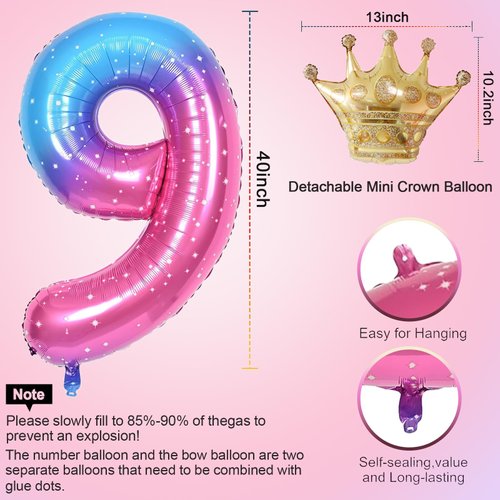 Rainbow Starry Number 9 Balloon,40 Inch Giant Number Balloon & Mini Crown Balloon for Birthday Balloons Party Decorations,Girl 9th Birthday Party Decorations,Foil Mylar Birthday Digital Balloon
