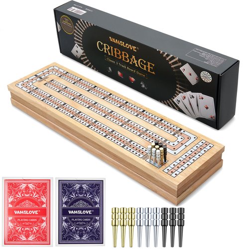 Vamslove Magnetic Cribbage Board 15'' Wooden Folding 3 Track Game Set, w/Instruction, Storage Slots for 2 Playing Cards/Pegs, Card Games for Travel Family Night