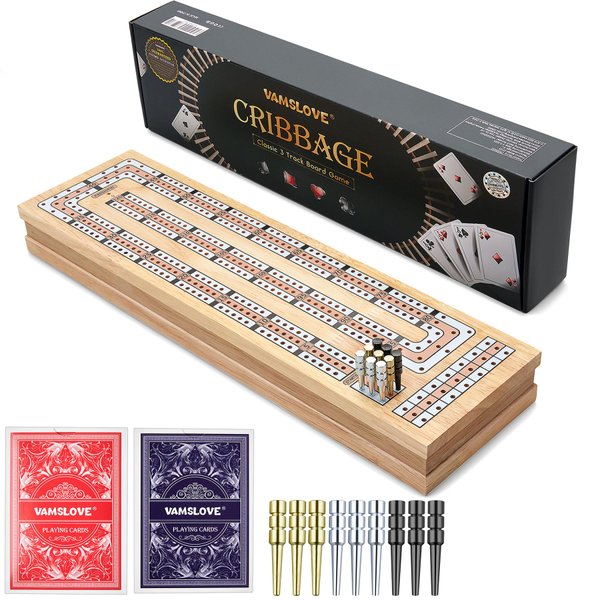 Vamslove Magnetic Cribbage Board 15'' Wooden Folding 3 Track Game Set, w/Instruction, Storage Slots for 2 Playing Cards/Pegs, Card Games for Travel Family Night