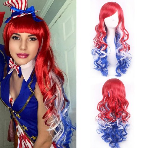 BERON 26 Inches Red White and Blue Wig Long Curly Wig with Bangs Colored Wigs for Women Wig Cap I...