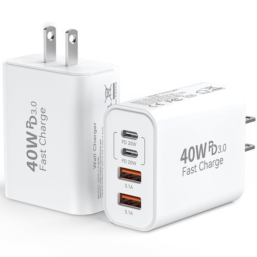 USB C Wall Fast Charger Block, 40W 4-Port Type C Charger Fast Charging Blocks PD Power Charger Adapter+QC 3.0 USB Multiport Charger Brick for iPhone 16/15/14/13/12 Pro Max, iPad, Galaxy S24/23-2Pack