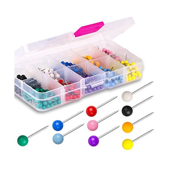 Yalis Push Pins 600-count Map Tacks Marking Pins 1/8-Inch Plastic Beads Head, 10 Assorted Colors