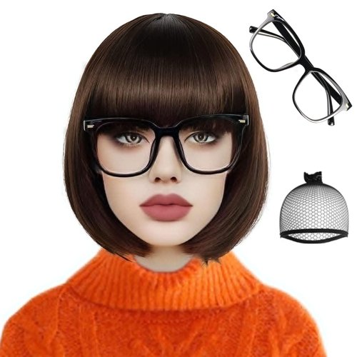 Ebingoo Velma Wig Brown Bob Wig +1 Black Glasses + 1 Wig Cap Short Bob Wig with Bangs for Women H...