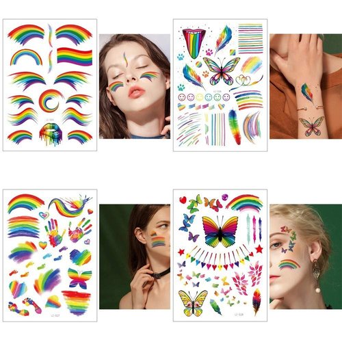 LGBT Rainbow Tattoos Set Gay Pride Temporary Tattoo Stickers with Colorful Butterfly Star Flowers Flag Design Body Art Fake Paint Water Transfer for Festival Parades or Party Celebrations(9 Sheets)