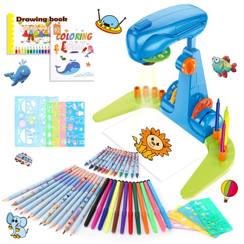 Drawing Projector for Kids, Art and Craft Kit, Toys for Boys Aged 3+, Including Colored Pencils, Crayons, Coloring Books, Drawing Stencil etc, Gift for 3+ Year Old Boys (Blue Drawing Kit v1)