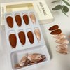 Tyuimhx Medium Press on Nails Almond Fake Nails With Gold Line Designs Brown Matte False Nails Full Cover Stick on Nails Reusable Artificial Nails Glue on Nails for Women Girls Nails Decorations 24Pcs