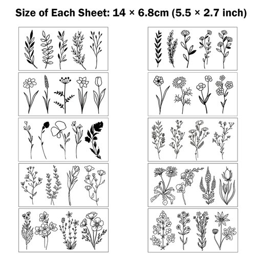 CARGEN Black Flower Branch Temporary Tattoos - 10 Sheets 44 Design Flower Floral Bouquet Plant Tulip Sunflower Lavender Sweet Pea Larkspur Sticker Temporary Tattoo Fake Tattoo for Women Girls Body