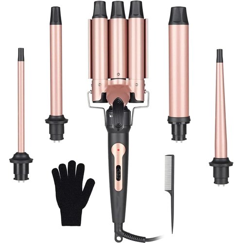 Beach Waver 3 Barrel Curling Iron 5 in 1 Curling Wand Set Three Hair Curlers Triple Hair Crimper Tool for Women 3/8 inch - 1 1/4 inch Wands with Attachments for All Hair Style(Rose Black)