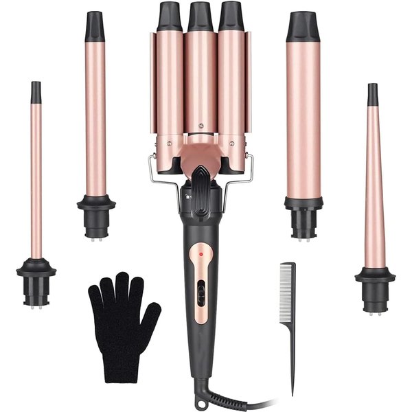 Beach Waver 3 Barrel Curling Iron 5 in 1 Curling Wand Set Three Hair Curlers Triple Hair Crimper Tool for Women 3/8 inch - 1 1/4 inch Wands with Attachments for All Hair Style(Rose Black)