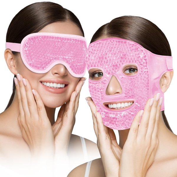 Ice Face Mask Reusable and Cold Gel Eye Mask for Puffiness/Dark Circles/Eye Bags/Dry Eyes/Headaches/Migraines/Stress Relief,Ice Pack for Eyes & Face (Pink)