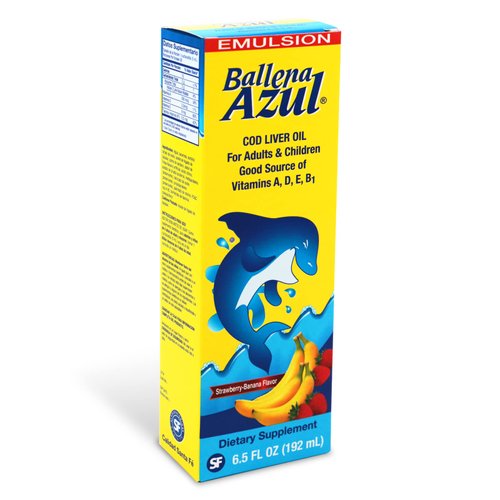 Ballena Azul Aceite de Hígado de Bacalao para Adultos y Niños, COD Liver Oil for Adults and Children, Source of Vitamins A,D,E, B1, Dietary Supplement, Omega 3,Inmune System Boost(Strawberry Banana)