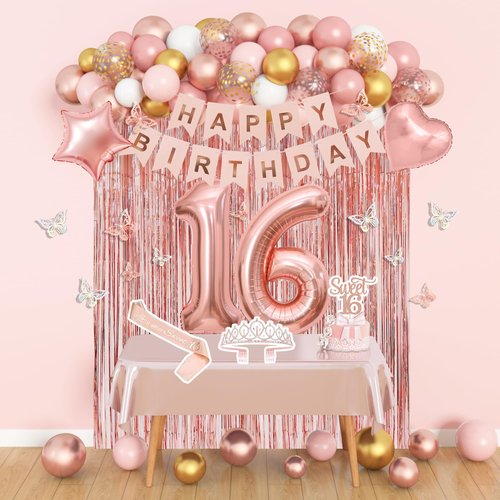 Amandir Sweet 16 Party Decorations, 16th Birthday Decorations for Girls Rose Gold Pink Foil Number Balloons Table Cloth Crown Sash Fringe Curtains Happy Birthday Banner Butterfly Party Supplies