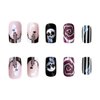 24 Pcs Halloween Press on Nails Short Square - SHANRUN Pink Fake Nails Press ons Patches French Nail Art Tip Glue on Nails Full Cover Acrylic False Nails with Swirl Skeleton Glitter Design for Women