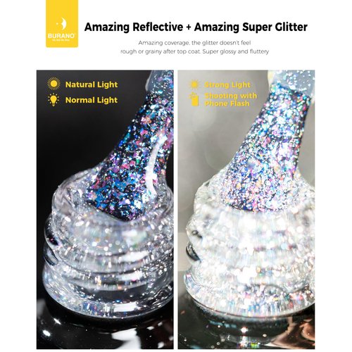 BURANO Holographic Gel Polish, Reflective Glitter Gel Polish 7.3ml UV LED White Silver Glitter Gel Nail Polish for Home DIY, Diamond Gel Nail Polish Curing Required (YH11)