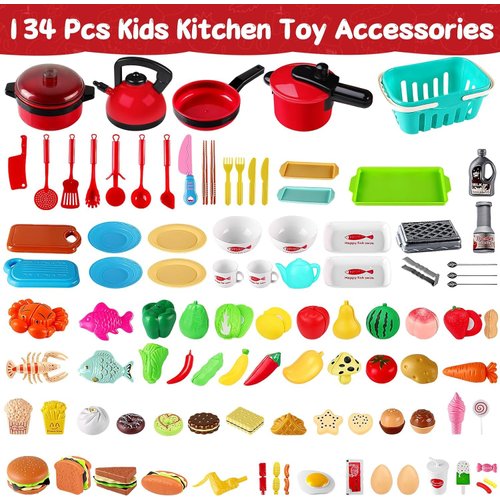 FunMission 134 Pcs Toy Kitchen Accessories, Pretend Cooking Toys with BBQ Grill, Pressure Cooker, Kettle, Pots, Pans, Kitchen Playset for Cutting Play Food, Christmas Birthday Present for Boys Girls