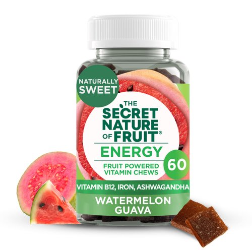 The Secret Nature of Fruit Energy Chews, Real Fruit Powered Vitamin Chews with Vitamin B12, Iron, Ashwagandha, Watermelon & Guava for Long Lasting Energy (60 Count), Pink