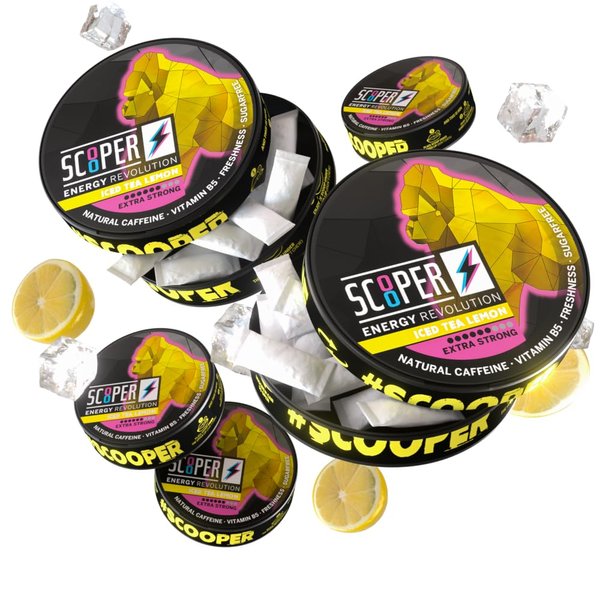 SCOOPER ENERGY Iced Tea Lemon | Extra Strong 80mg Caffeine | Energy Pouches Sugarfree | 5 Pack (12 pcs/can)