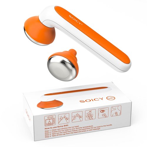 SOICY S40 Metal Ice Roller for Face Under Eye Skin Care Tools for Whole Body Minor Injury Cold CompressIce Face Roller Massager for Migraine Pain with 2 Stainless Steel Replacement Heads Orange