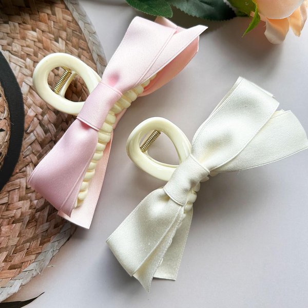 Hair Bows Claw Clip for Women Girls Hair Claw Clip Stylish Strong Hold Hair Claw Barrette for Thick Thin Hair Big Bows Hair Clips Bow Barrettes for Girls Hair Accessories (White+Pink)