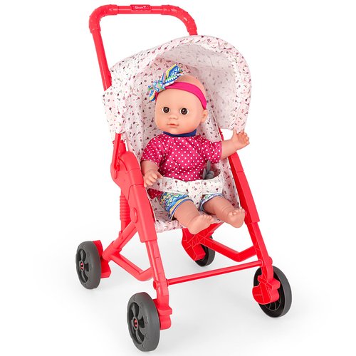 deAO Baby Doll Stroller, 13 inch Pink Dolls Pretend Play Set with Foldable Stroller Accessories Soft Babies Dolls Birthday Gifts for Age 3 4 5 6 7 8 9 Girls Kids Toddlers
