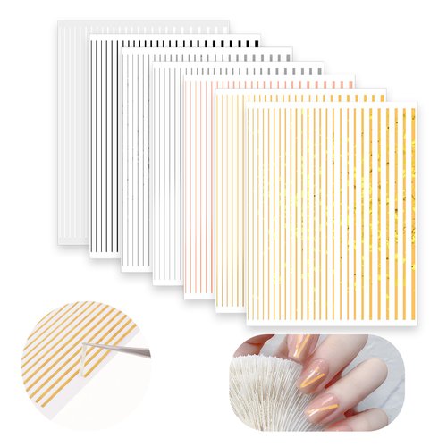 7 Sheets Line Nail Stickers Gold Nail Strips, Silver Line Stickers for Nails, Nail Art Stickers Lines, Liner Art French Manicure Strips, Metallic Nail Striping for Women DIY Nail Decoration