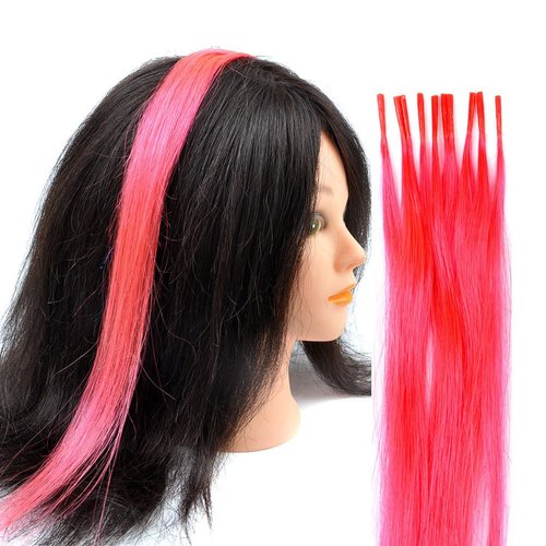 Vieuinaux 10 Strands/lot Highlights Hair Extensions, Colored I Tip Human Hair Extension For Women Girls With Tools (16INCH, Highlight Pink)