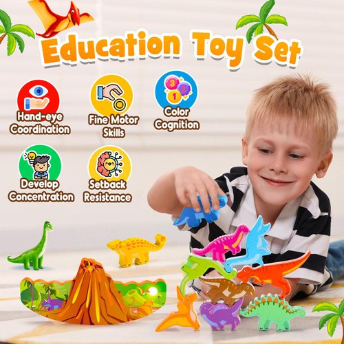 IPOURUP Dinosaur Toys for Kids 2-7 Kid Wooden Stacking Blocks Montessori Toy for 3 4 5 6 7 8 Year Old Boys Girls Easter Birthday Gifts Toddler Balance Game Ages 2-4 3-5 Toys for Boy Girl Age 5-7