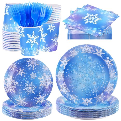 durony 144 Pieces Frozen Paper Plates and Napkins Dinnerware Set Winter Snowflake Party Tableware Supplies Includes Paper Plates Napkins Forks Serve 24 for Christmas Party Supplies