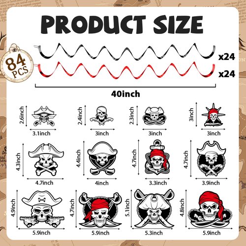 Qyeahkj 84 Pcs Pirate Hanging Swirls Nautical Party Decoration Pirate Hanging Streamer Pirate Theme Foil Ceiling Streamers Skull Ceiling Hanging Swirl for Kids Birthday Party Supplies Wall Door Decor