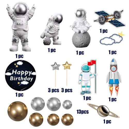 28 Pieces Astronaut Space Cake Toppers Outer Space Astronaut Figurines Planet Rocket Satellite Pearl Balls and Stars Kids Space Theme Decorations for Birthday Party Supplies Baby Shower