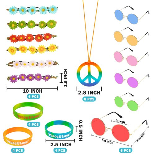 BANBALLON 30 PCS Hippie Party Favors Retro Round Sunglasses Daisy Flower Headbands Peace Sign Necklaces Silicone Bracelets For 60s 70s Party Decorations Hippie Party Supplies