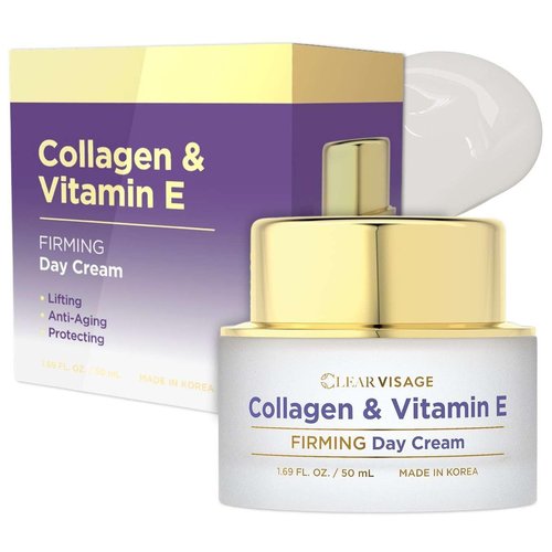 Clear Visage Collagen & Vitamin E Day Cream: Hydrating Anti-Aging Korean Skin Care - for Improved Elasticity and Repairing Fine Lines - Giving Youthful Skin - Suitable for All Skin Types - 1.69 Fl Oz