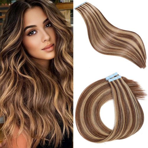 Icyfim 18Inch Tape In Hair Extensions Human Hair Chocolate Brown to Caramel Brown 100% Remy Human Hair Extensions Real Human Hair Soft Thick To End 50g/Pack 20pcs Seamless Weft（ #4p27 ）