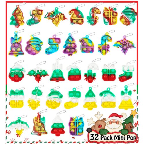 32 PCS Christmas Mini Pop Fidget Toys Pack, Party Favors, Christmas Stocking Stuffers, Pop Keychain Toys, Sensory Toys, Xmas Goodie Bag Stuffers Bulk for Kids Girls Boys, Classroom Prizes