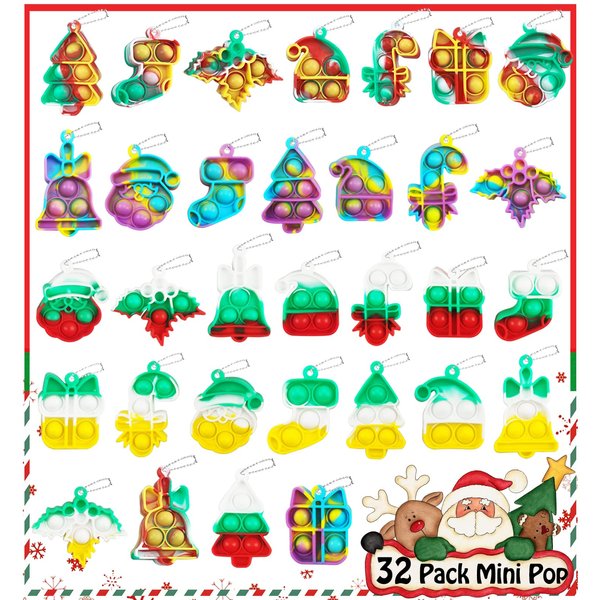 32 PCS Christmas Mini Pop Fidget Toys Pack, Party Favors, Christmas Stocking Stuffers, Pop Keychain Toys, Sensory Toys, Xmas Goodie Bag Stuffers Bulk for Kids Girls Boys, Classroom Prizes