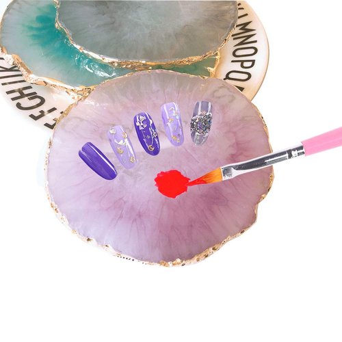 JASSINS Resin Nail Art Palette,Nail Art Painting Mixed Color Palette Gold Edge Nail Gel Color Makeup Display Board(Purple) (Pink+Blue)