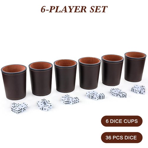 RERIVER Felt-Lined PU Leather Dice Cup Set, 6 Quiet Dice Shaker Cups with 36 Dices for Bar Party Yahtzee Farkle Dice Games, Coffee