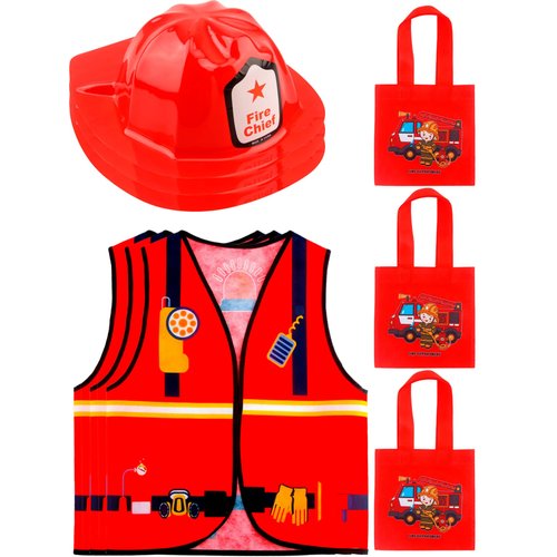 Flotory 9 Pcs Kids Fireman Costumes Include 3 Firefighter Vests 3 Fireman Helmets 3 Firefighter Tote Bag Firefighter Dress Up Set for Boys Girls Birthday Halloween Pretend