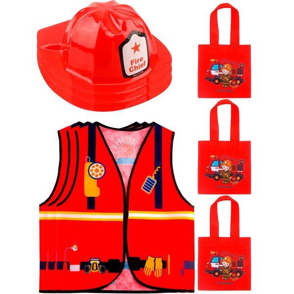 Flotory 9 Pcs Kids Fireman Costumes Include 3 Firefighter Vests 3 Fireman Helmets 3 Firefighter Tote Bag Firefighter Dress Up Set for Boys Girls Birthday Halloween Pretend