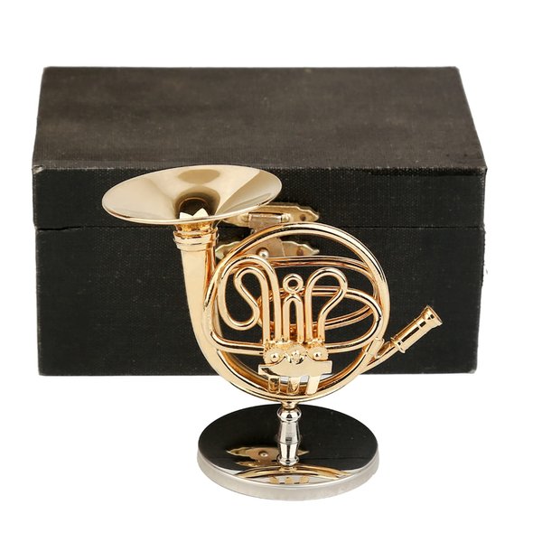 Dselvgvu Copper Miniature French Horn with Stand and Case Mini Musical Instrument Miniature Replica Dollhouse Model Mini French Horn Home Decoration (3.75"x1.77")