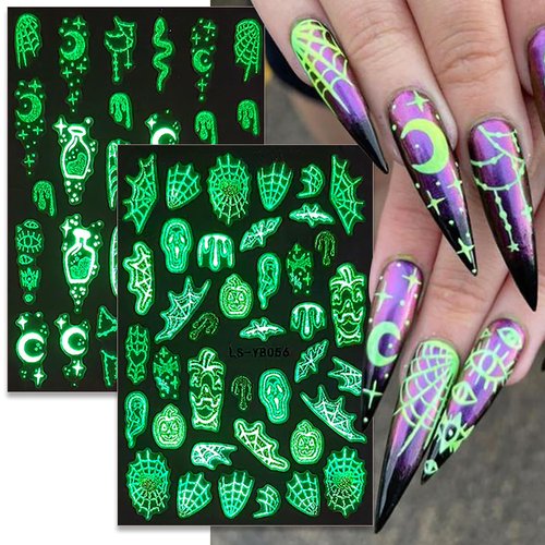 5 Sheet Halloween Nail Art Stickers Decals Glow in The Dark Nail Stickers Decals Self-Adhesive Pegatinas Uñas Luminous Ghost Pumpkin Spider Web Blood Drop Design Nail Art Supplies for Women Girls