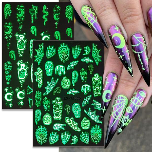 5 Sheet Halloween Nail Art Stickers Decals Glow in The Dark Nail Stickers Decals Self-Adhesive Pegatinas Uñas Luminous Ghost Pumpkin Spider Web Blood Drop Design Nail Art Supplies for Women Girls