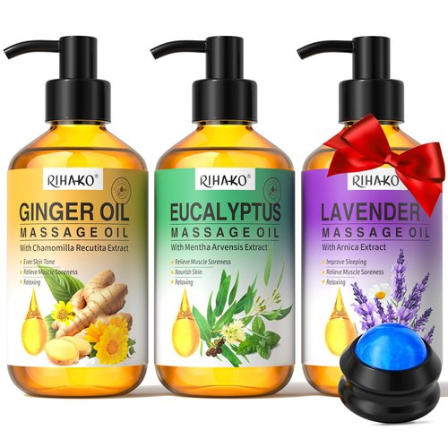 Christmas Gifts Stocking Stuffers for Men&Women -3 Pack Massage Oil for Massage Therapy,Lymphatic Drainage Ginger Oil | Lavender Oil | Sore Muscle Eucalyptus Massage Oils &Massage Ball for Date Night
