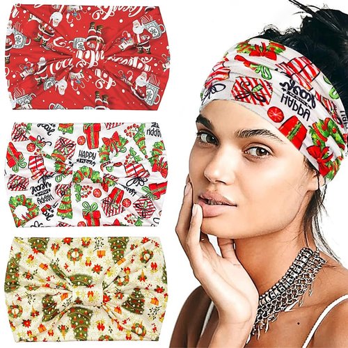 Christmas Stretchy Headbands For Women Girls 3Pcs Head Bandana Non-Slip Knotted Headbands Santa Claus Elastic Hair Bands Winter Fashion Yoga Wide Knot Hair Bandanas Headdress