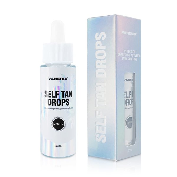 VANERIA Self Tan Drops, Face and Body Sunless Tanning Drops Mitt Applicator, Medium Brown Self Tan Drops, Vegan and Cruelty Free. 50ml