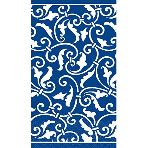 Amscan Highly Absorbent Ornamental Scroll Guest Towels (16 Pack), 7-4/5 x 4-2/5", Royal Blue/White