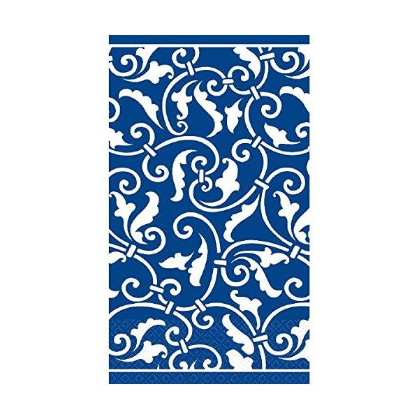 Amscan Highly Absorbent Ornamental Scroll Guest Towels (16 Pack), 7-4/5 x 4-2/5", Royal Blue/White