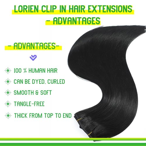 LORIEN Clip in Hair Extensions Real Human Hair, 18 Inch 100g, 1 Jet Black, Clip in 100% Brazilian Remy Human Hair Extensions 8pcs Per Set with 18 Clips Double Weft