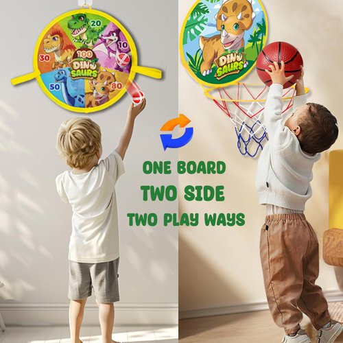 LAFALA Basketball Hoop, 14" Mini Basketball Hoop for Toddler Indoor Play Dart Board for Kids 2 in 1 Toddler Toys Birthday Dinosaur Party Favors Basketball Hoop for Kids 3,4,5 Years Old, Yellow